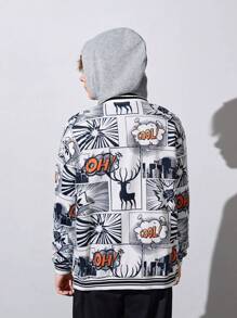 青少年男孩波普藝術圖案條紋飾邊落肩袖夾克無連帽衫 - 黑與白 - 查看 2