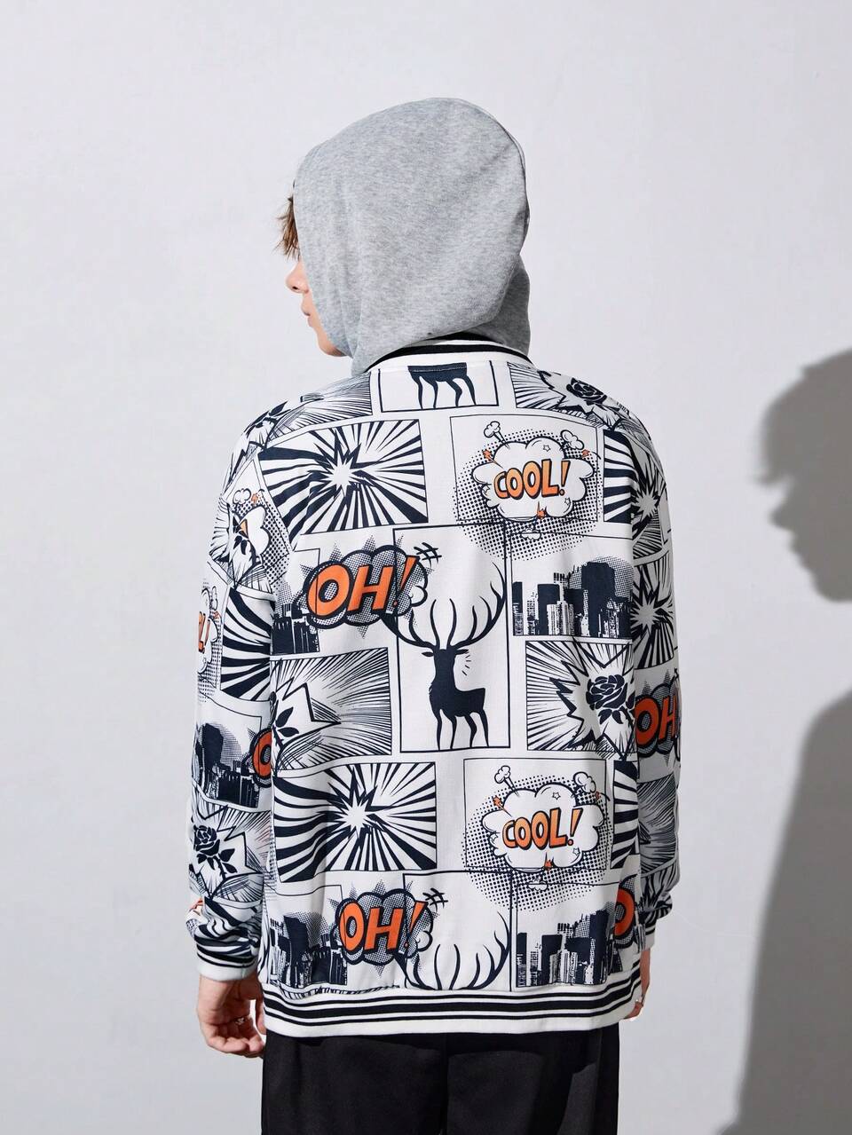 Teen Boy Pop Art Print Striped Trim Drop Shoulder Jacket Without Hoodie