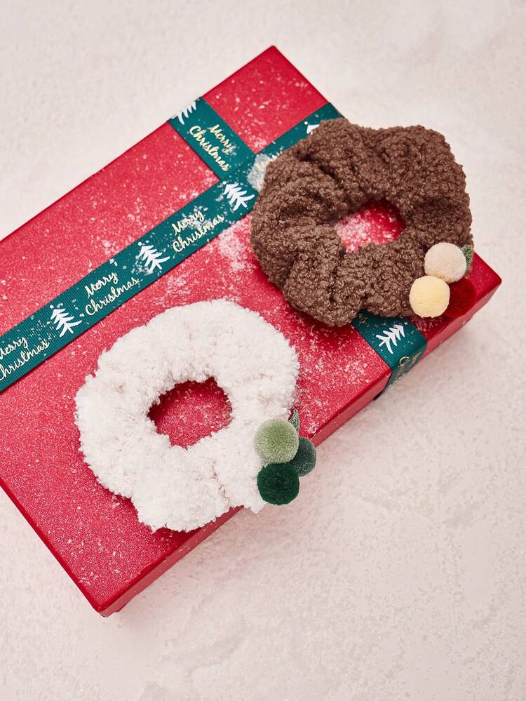 2pcs Kids Plush Ball Leaves Decor Simple Scrunchie For Autumn Winter
