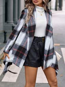 SHEIN LUNE Plaid Print Asymmetrical Hem Belted Overcoat - Multicolor - View 6