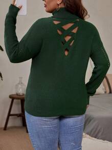 SHEIN LUNE 大碼高領落肩袖套頭毛衣 - 墨綠色 - 查看 2