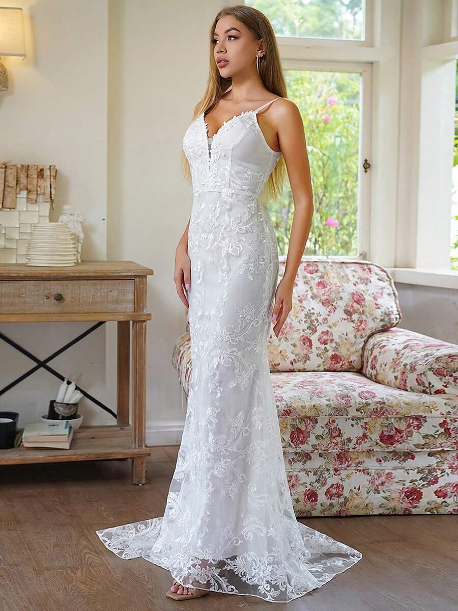 花卉刺繡魚尾裙下擺吊帶婚紗洋裝 - 白色 - 查看 1