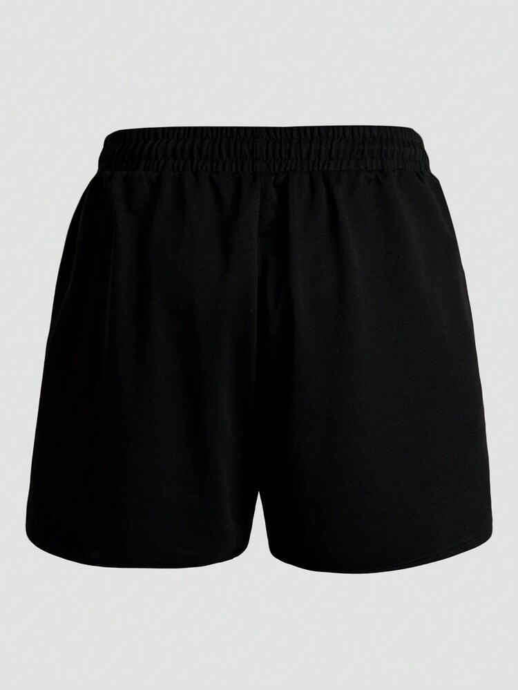 男士大码熊和字母圖案腰部抽繩短褲 - 黑色 - 查看 2