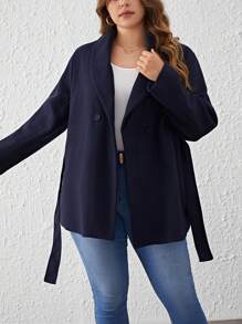 SHEIN Clasi Plus Shawl Collar Belted Overcoat - Navy Blue - View 3