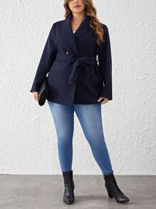 SHEIN Clasi Plus Shawl Collar Belted Overcoat - Navy Blue - View 4