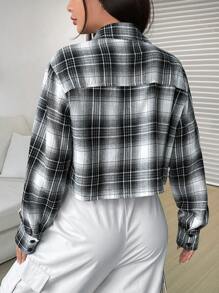 SHEIN EZwear Plaid Print Drop Shoulder Crop Shirt - Black - View 2