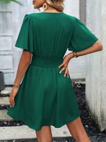 EMERY ROSE Casual Solid Color Waist Cinched Dress - Dark Green - View 2