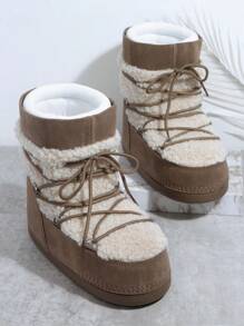 SHUZIA Women Shoes Boot Fuzzy Lace Up Round Toe Fluffy Mocha Bootie Summer Shoes Spring Shoes Spring Break Easter - Mocha Brown - View 4