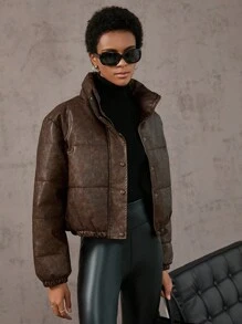 Aveloria Abrigo acolchado con cuello alto vintage, ropa de invierno de moda - Café integral - Ver 6