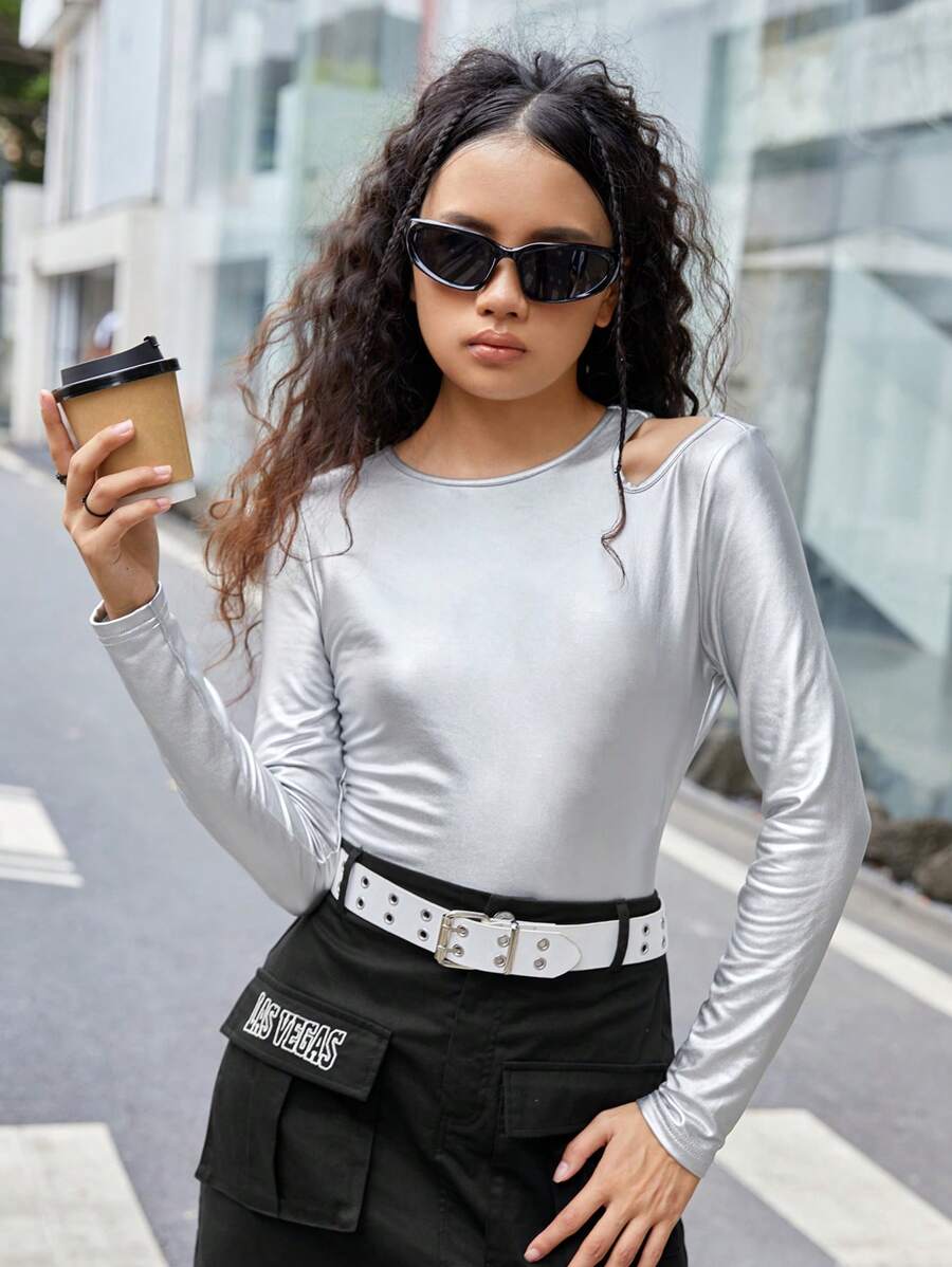 Teen Girl Solid Cut Out Shoulder Metallic Tee - Silver - View 1