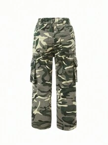 Blugi cu buzunare laterale cu clapă cu imprimeu Camo pentru fetiță