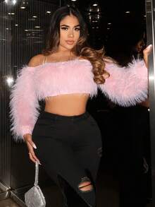 SHEIN SXY Off Shoulder 	
Fuzzy áo - Màu be - Xem 4