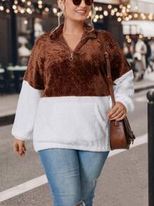 SHEIN LUNE Plus Two Tone Half Zip Teddy Sweatshirt - Multicolor - View 1