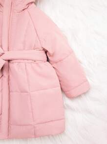 Baby Girl Solid Hooded Belted Padded Coat