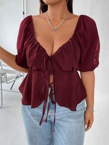 Flirla Plus Tie Front Ruched Bust Puff Sleeve Knot Front Peplum Blouse - Burgundy - View 7
