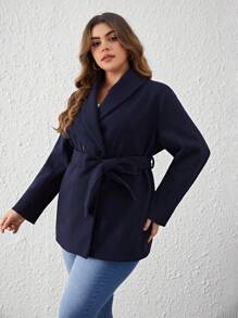 SHEIN Clasi Plus Shawl Collar Belted Overcoat - Navy Blue - View 6