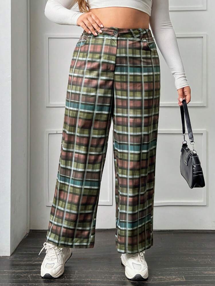 Plus Plaid Print Slant Pocket Pants Fall Cloth For Women
