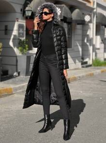 RueChic Zip Up Hooded Puffer Coat - Black - View 3