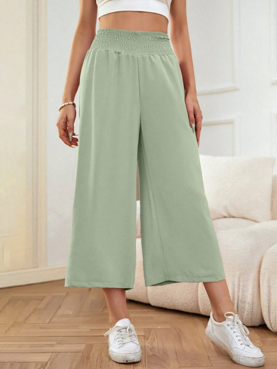 SHEIN LUNE Shirred Waist Wide Leg Capri Pants - Green - View 1