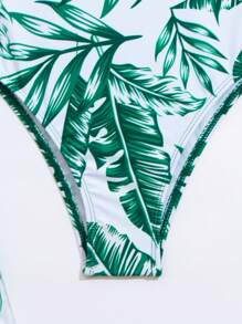 SHEIN Swim 夏季海灘熱帶印花推擠上衣比基尼套裝連和服外套 - 墨綠色 - 查看 5