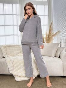 字母刺繡3D耳朵設計連帽法蘭絨睡衣套裝 - 灰色 - 查看 4