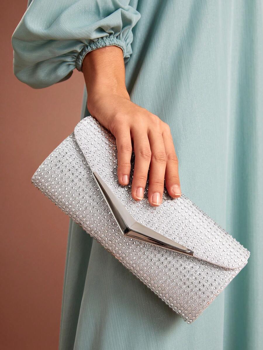 SHEIN Belle Women's Envelope Clutch Bag With Rhinestone & Metallic Decoration For Fashionable Evening Party - Silver - View 1