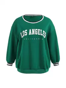 SHEIN CURVE+ Plus Letter Graphic Striped Trim Drop Shoulder Sweatshirt - Green - View 1