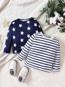 Baby Boy 2pcs Striped & Star Print Tee - Multicolor - View 1