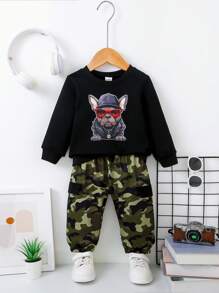 Baby Boy Dog Print Sweatshirt & Camo Print Sweatpants - Black - View 1