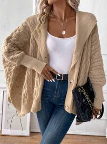 SHEIN LUNE Cable Knit Batwing Sleeve Hooded Cardigan - Khaki - View 1