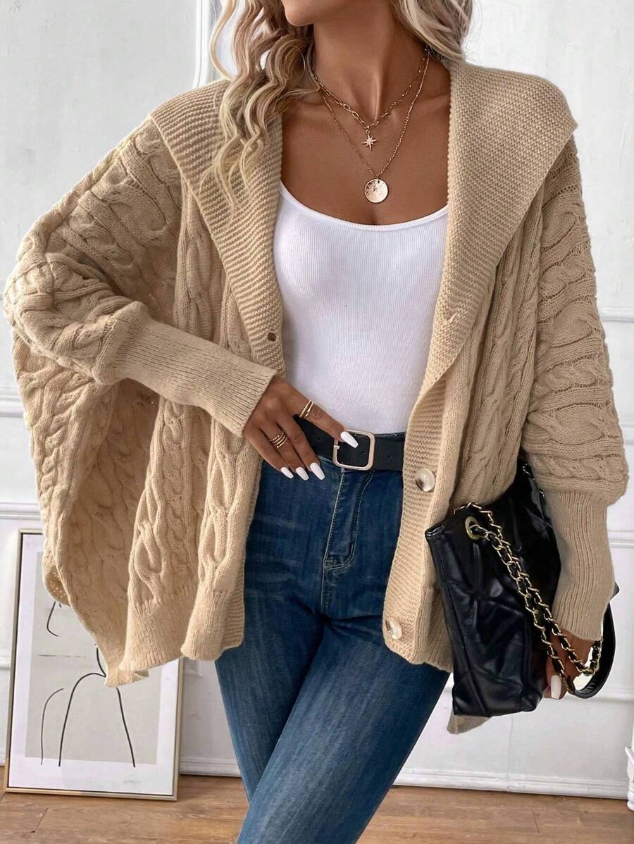 SHEIN LUNE Cable Knit Batwing Sleeve Hooded Cardigan - Khaki - View 1