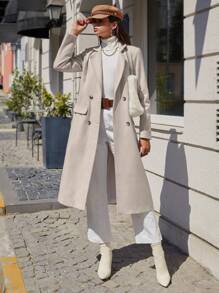 SHEIN Cottnline Lapel Neck Double Breasted Flap Detail Overcoat - Apricot - View 1