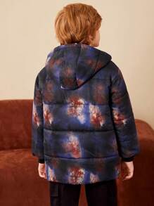 SHEIN Tween Boy 图案印花拉链连帽夹棉大衣 - 黑色 - 查看 3