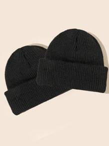 2pcs Solid Color Simple Casual Men's Knitted Hat - Black - View 2