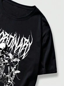 ROMWE MEN Grunge Punk 男士骷髅字母图案T恤和短裤，学校，万圣节 - 黑色 - 查看 4