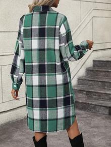 SHEIN LUNE Plaid Print Half Button Shirt Dress - Green - View 2