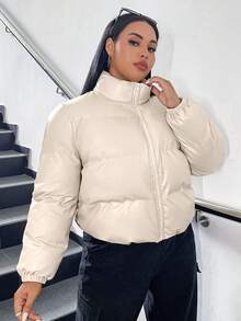 SHEIN EZwear Áo khoác có đệm kéo khóa cho mùa đông - Màu be - Xem 2