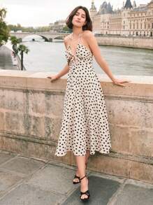 SHEIN Frenchy Polka Dot Print Pearls Backless Halter Neck Cami Dress - Multicolor - View 1