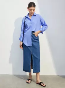 BizChic 女士纯色翻领开衫长袖清爽衬衫，基本款都市通勤风格，简约时尚优雅商务休闲装，适合教师和办公室穿着，秋季 - 淺藍色 - 查看 3