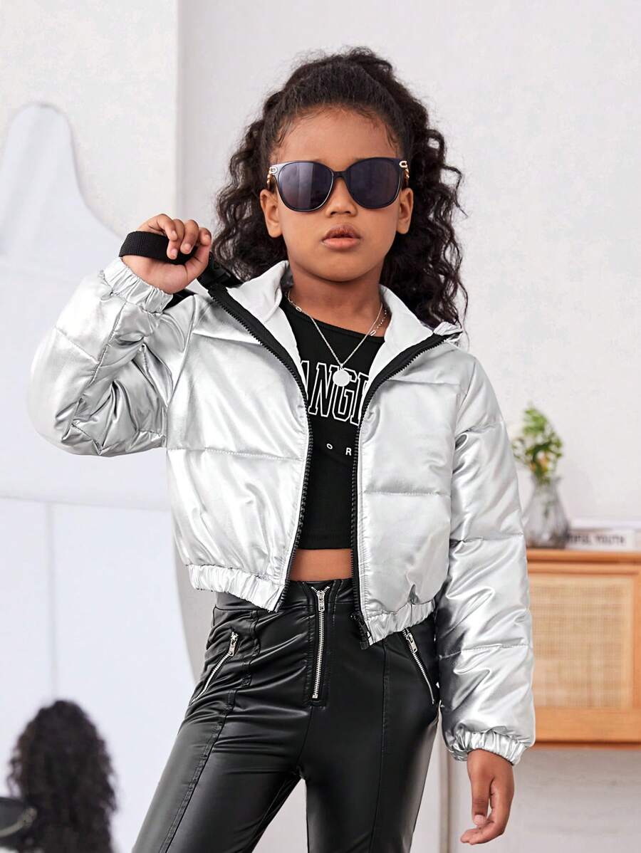 Teen Girl Zip Up Padded Coat - Silver - View 1