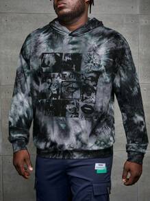 Manfinity VCAY Men Plus Tie Dye Letter Graphic Hooded Sweatshirt, For Fall Winter - Dark Grey - View 6