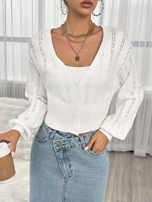 SHEIN Privé Pointelle Knit Drop Shoulder Duster Cardigan Without Cami Top - White - View 4