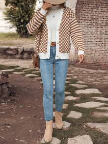 SHEIN LUNE Checkerboard Pattern Drop Shoulder Cardigan - Multicolor - View 4