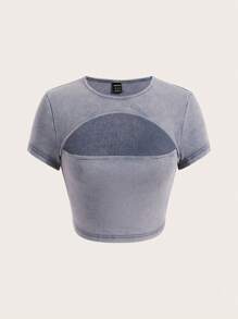 SHEIN ICON 正面剪裁短款T恤 - 藍色 - 查看 1