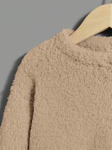 SHEIN Young Girl Solid Teddy Sweatshirt - Apricot - View 4