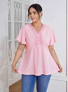 Calvaya Plus Eyelet Embroidery Contrast Lace Scallop Trim Butterfly Sleeve Peplum Tee - Pink - View 4