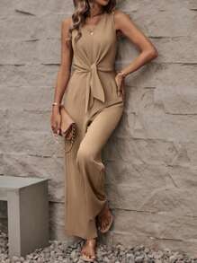 SHEIN LUNE 前結無袖連身褲 - 卡其色 - 查看 1