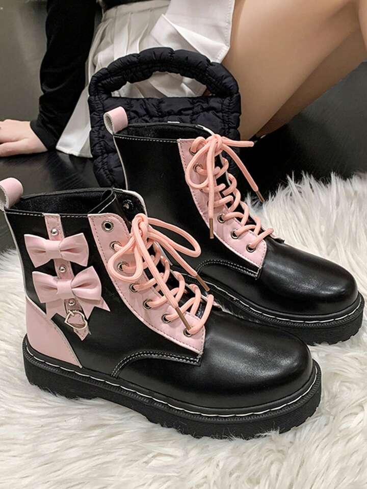 Kawaii Women Bow Decor Lace Up Front Combat Boots, Punk Outdoor Fashion  Boots