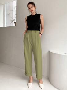 DAZY High Waist Plicated Detail Roll Up Hem Pants - Green - View 6