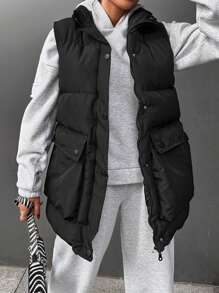 EURMUSE Flap Pocket Puffer Vest Coat - Black - View 1